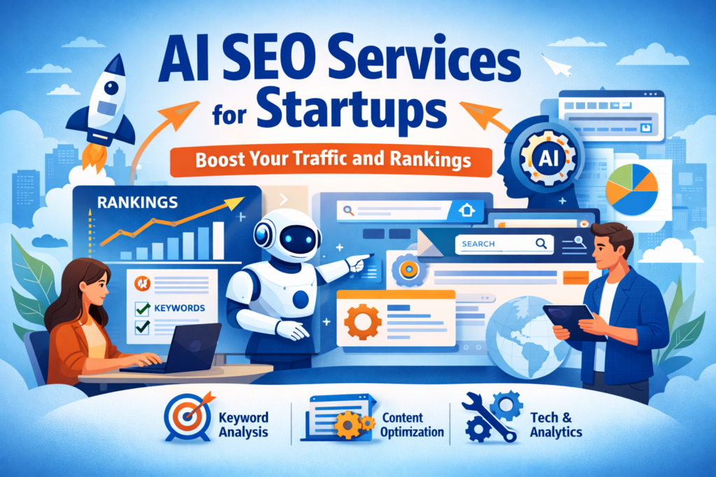 AI SEO services for startups illustration showing keyword analysis, content optimization, rankings growth, and AI-powered search tools.