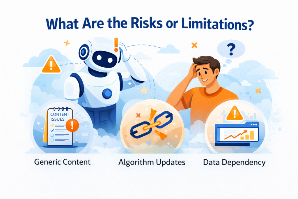 Risks and limitations of AI SEO services for startups illustration showing caution symbols, data analysis dashboard, and balanced optimization strategy.