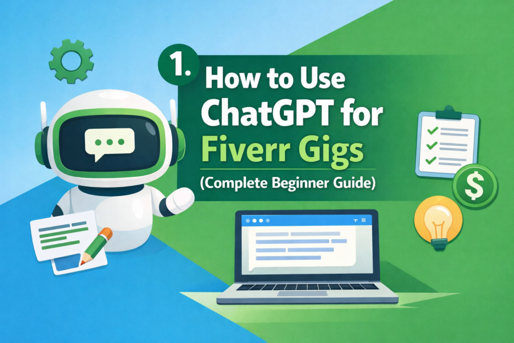 How to use ChatGPT for Fiverr gigs feature image with AI chatbot, laptop, checklist and dollar icon