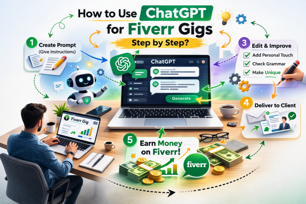 How to use ChatGPT for Fiverr gigs step by step infographic showing prompt creation, editing, delivery, and earning process