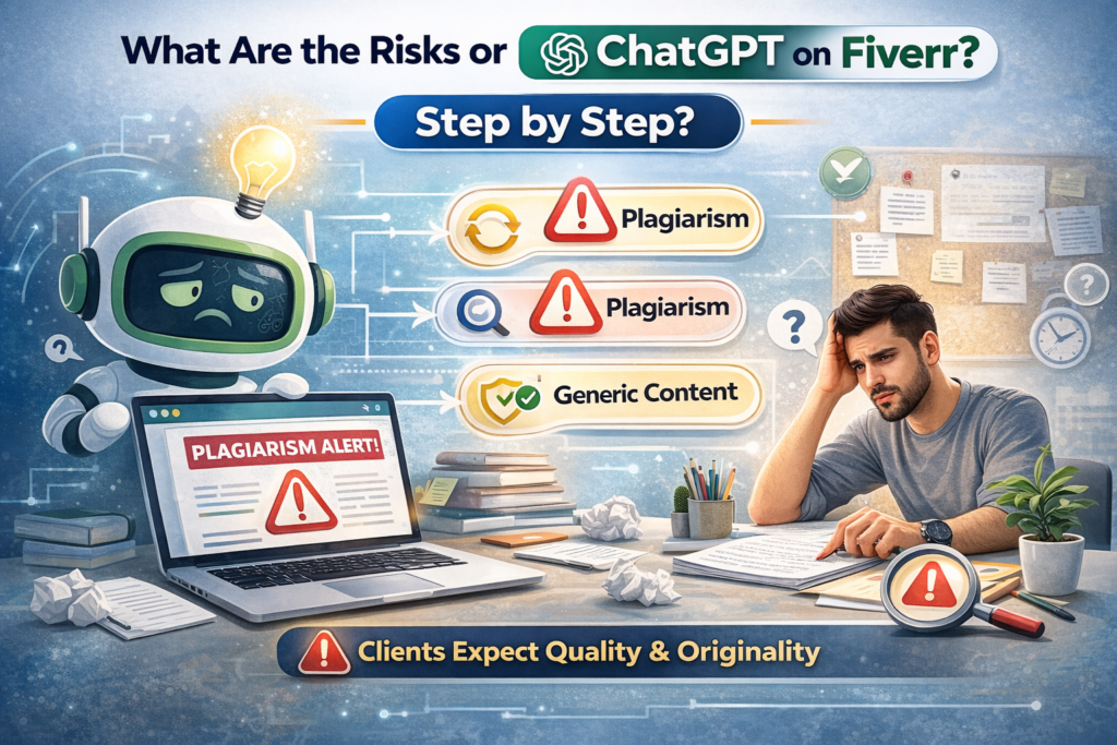 Risks of Using ChatGPT on Fiverr showing plagiarism alerts, generic AI content issues, and a freelancer worried about content originality and client expectations