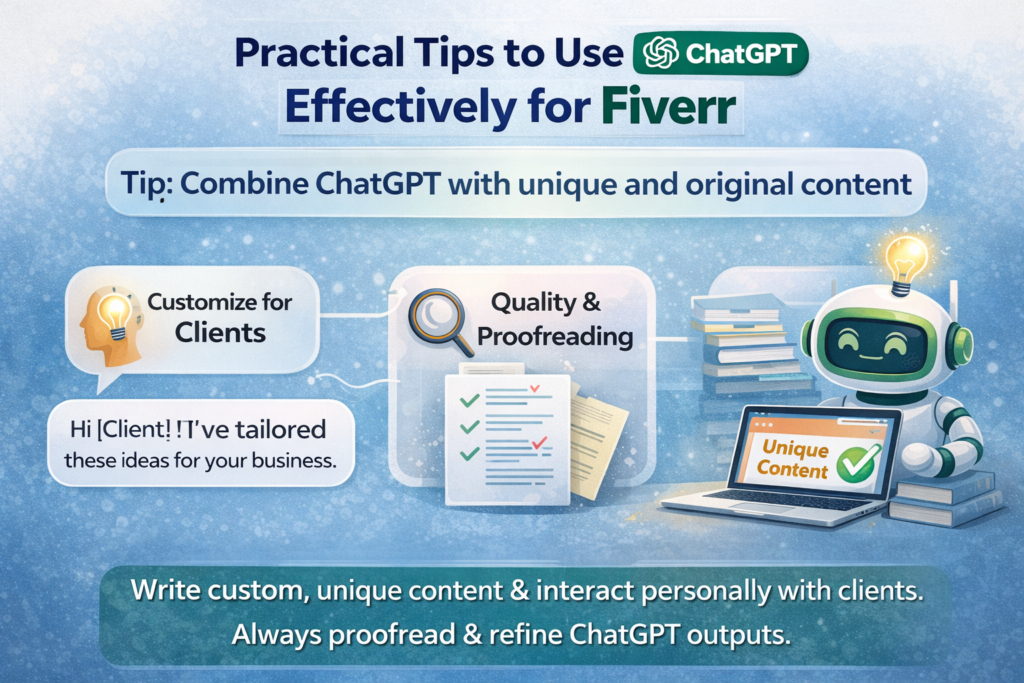 Practical Tips to Use ChatGPT Effectively for Fiverr showing unique content creation, client customization, quality control, and proofreading tips for freelancers