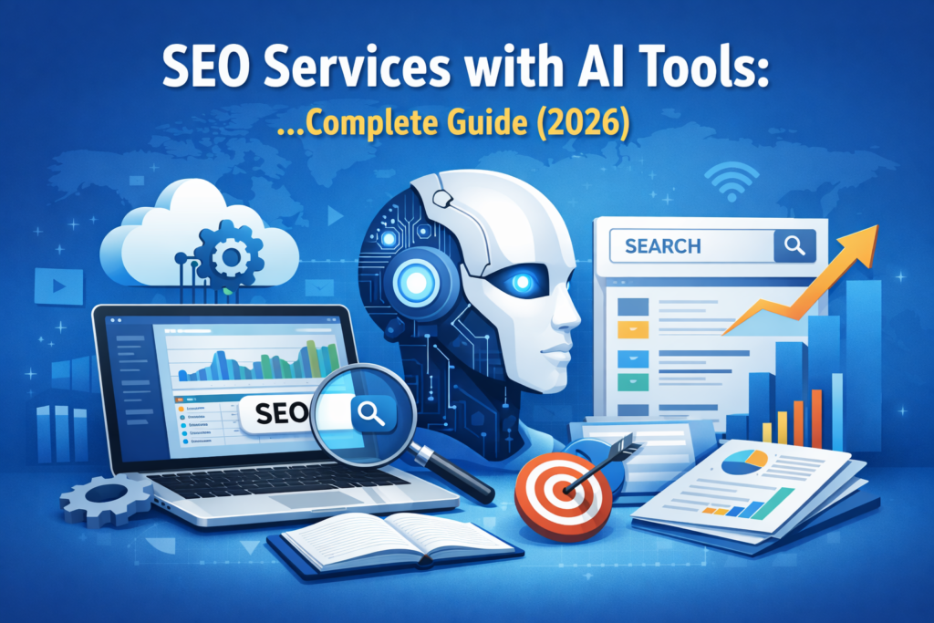 SEO services with AI tools complete guide 2026 showing AI robot, search analytics dashboard, keyword research and ranking growth