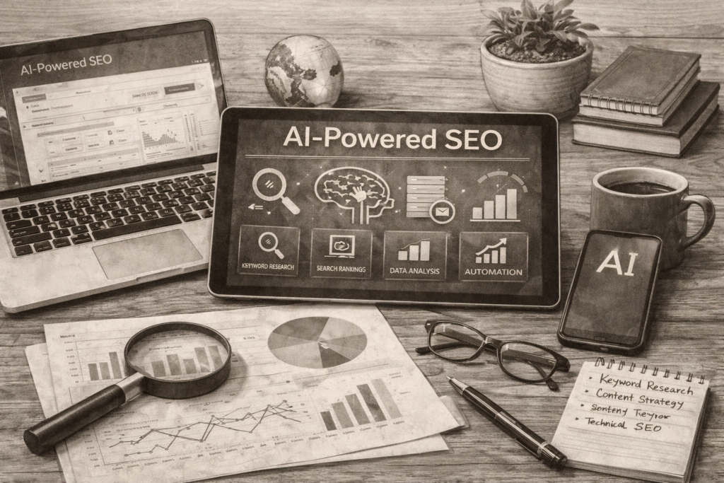 SEO services with AI tools dashboard showing AI-powered SEO analytics, keyword research, data analysis, and automation strategy