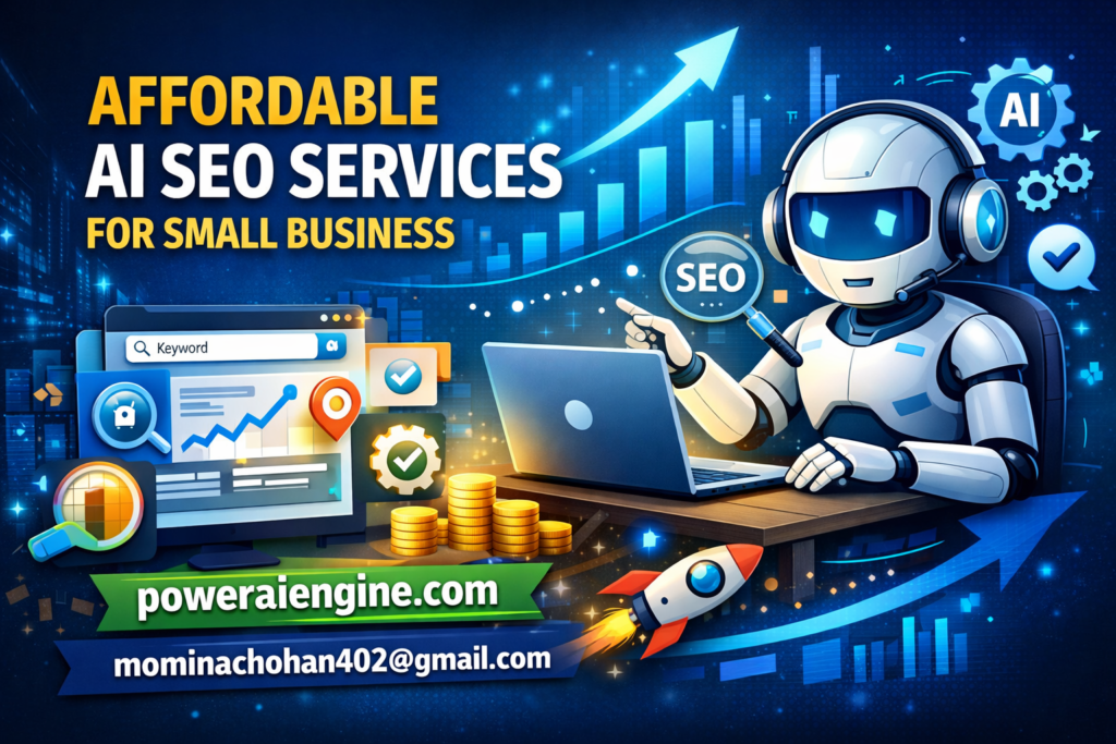 Affordable AI SEO services for small business with AI robot optimizing website growth and analytics dashboard