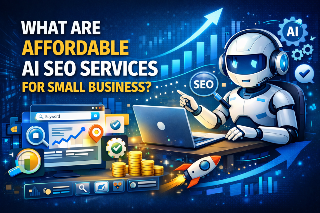 What are affordable AI SEO services for small business illustrated with AI robot, SEO analytics dashboard, and growth graph