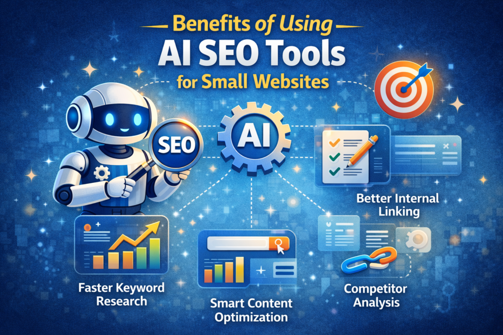 Benefits of best AI SEO tools for small websites showing keyword research, content optimization, internal linking and competitor analysis