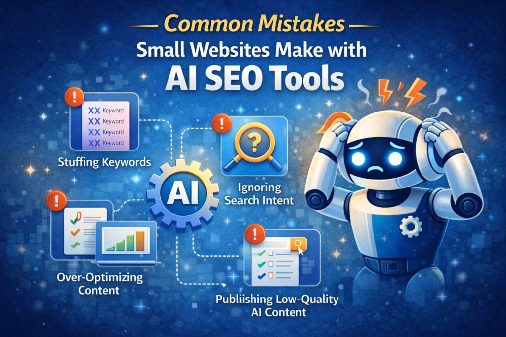 Common mistakes in best AI SEO tools for small websites including keyword stuffing, ignoring search intent, over-optimizing content and low-quality AI content publishing