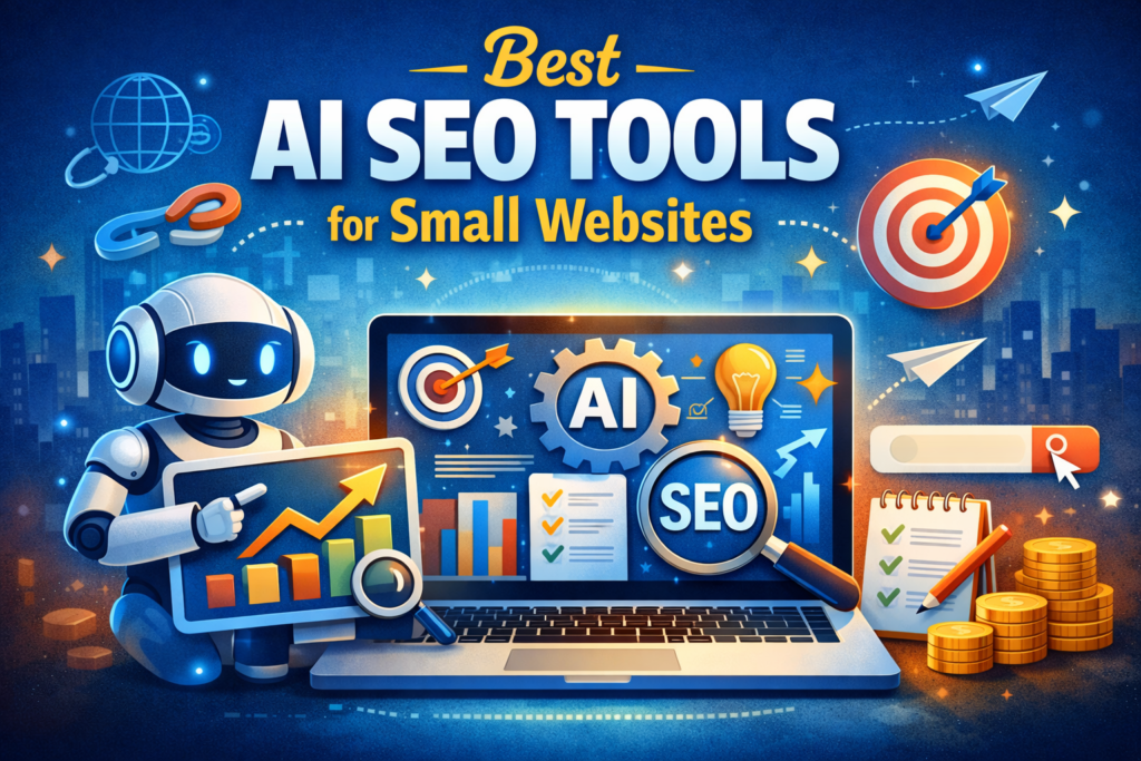 Best AI SEO tools for small websites showing AI robot, SEO dashboard, keyword optimization, and website growth analytics
