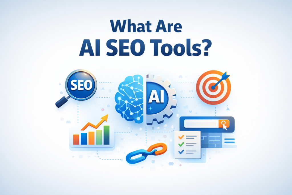 What are AI SEO tools concept image showing artificial intelligence, keyword research, content optimization and website ranking growth
