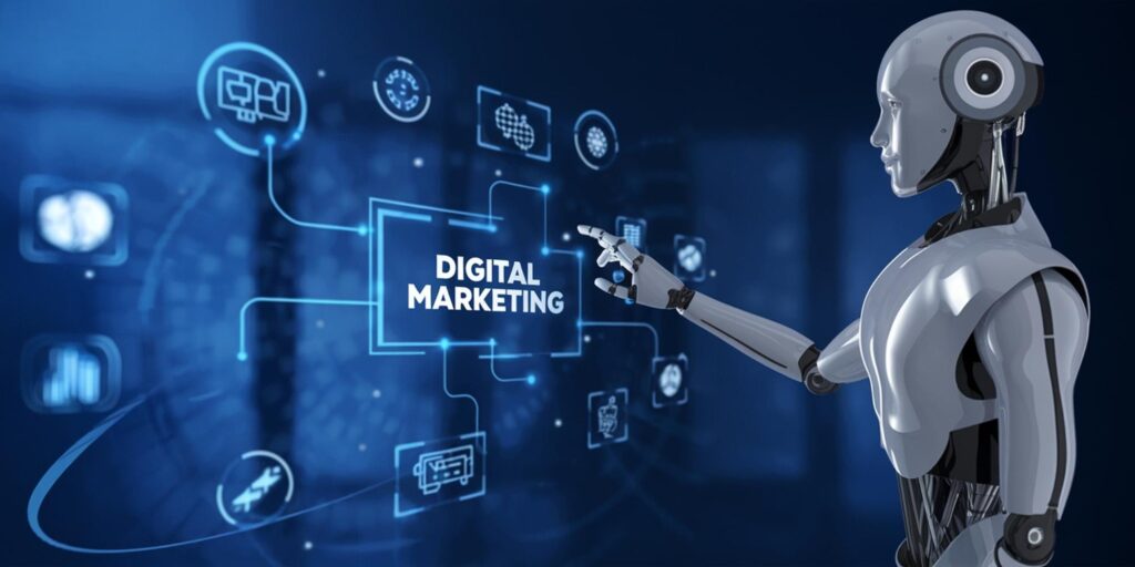 AI in digital marketing 2026 showing a smart robot interacting with digital marketing systems and data-driven tools