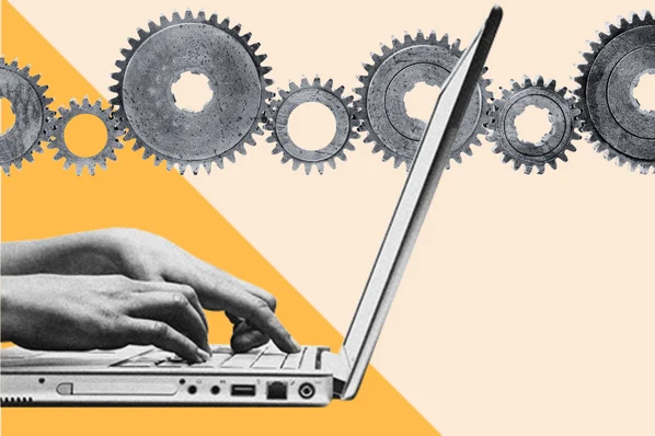 SEO automation services concept showing a laptop with interconnected gears representing automated SEO processes, technical workflows, and efficiency improvements