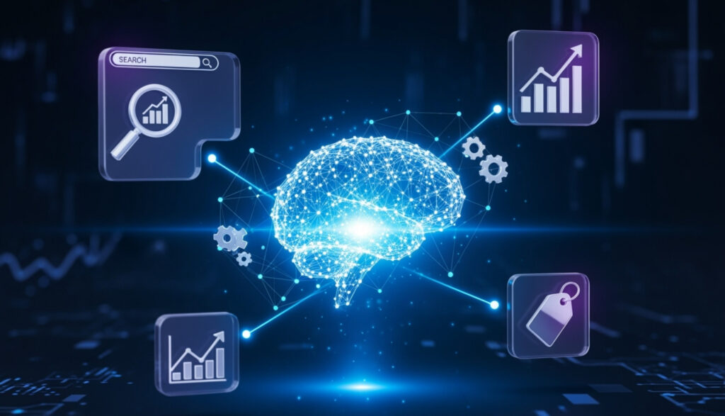 AI powered SEO tools free concept showing artificial intelligence brain analyzing search data, keywords, and website ranking