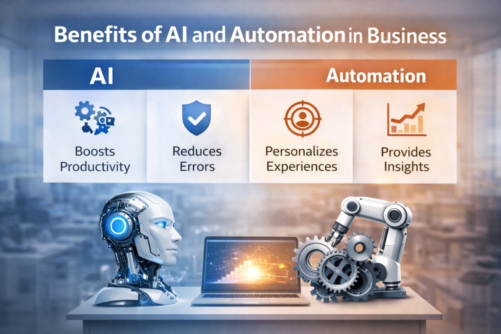 AI vs Automation benefits in business showing how artificial intelligence and automation improve productivity and efficiency
