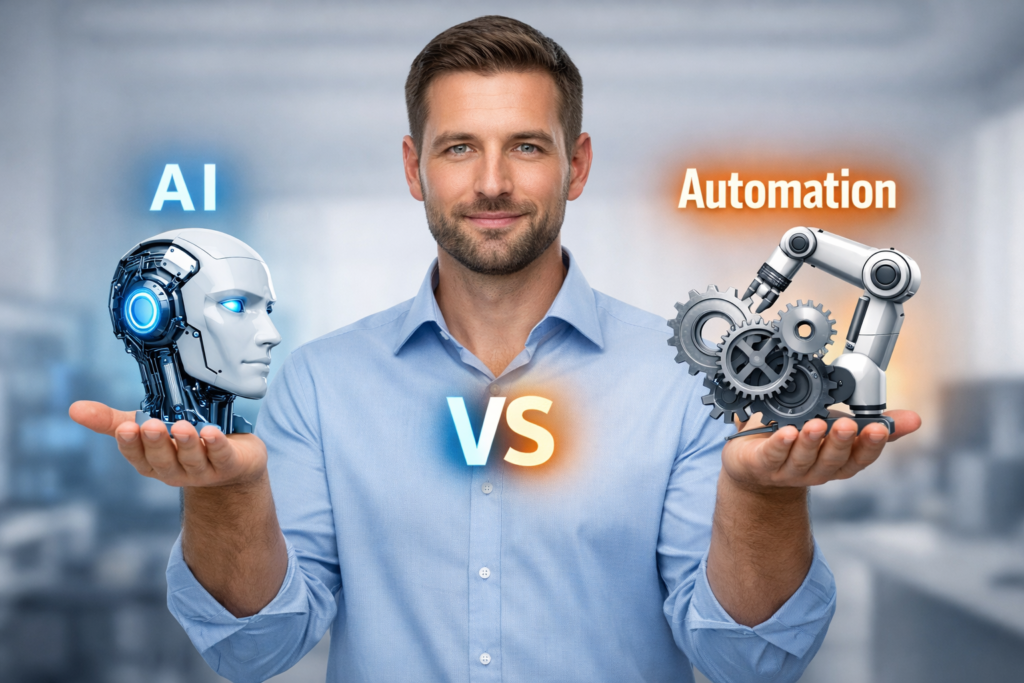 AI vs Automation concept showing a human comparing artificial intelligence robot and automation robotic arm technology