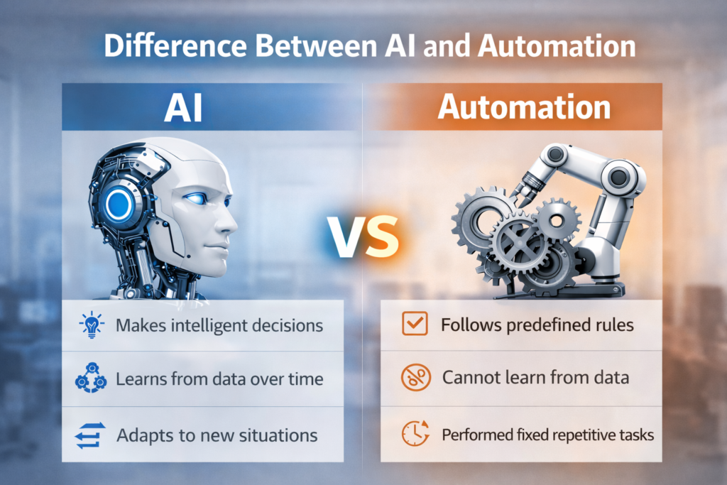 AI vs Automation comparison infographic showing the difference between artificial intelligence and automation technologies