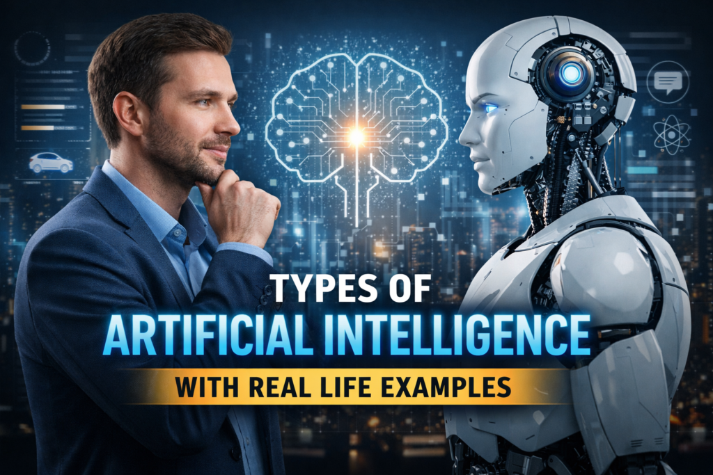 Types of artificial intelligence with real life examples showing a human interacting with an AI robot and digital brain technology