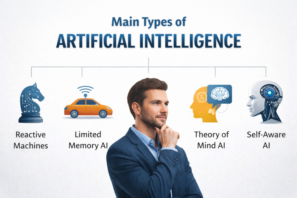 Types of artificial intelligence with real life examples infographic showing reactive machines, limited memory AI, theory of mind AI, and self aware AI with human interaction