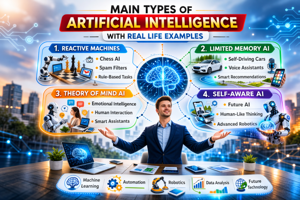 Types of artificial intelligence with real life examples infographic showing reactive machines, limited memory AI, theory of mind AI, and self aware AI with human interaction and futuristic icons