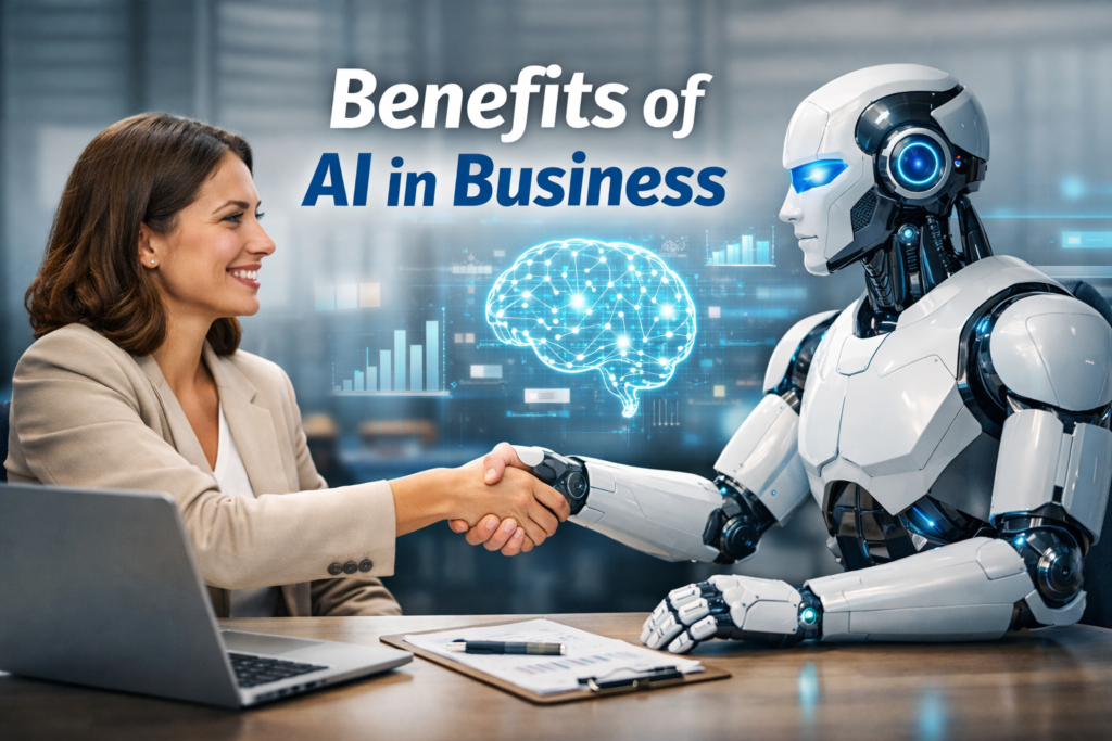 Benefits of AI in Business concept showing human professional shaking hands with AI robot representing artificial intelligence collaboration in modern business
