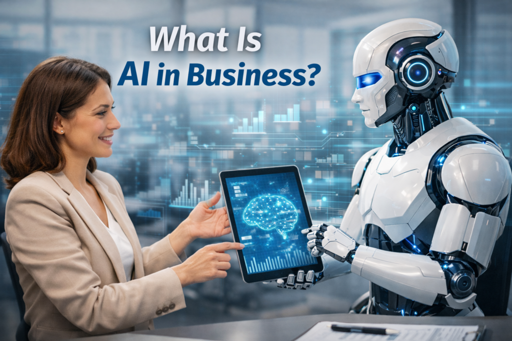 What is AI in Business concept showing human professional working with artificial intelligence technology to improve business productivity and automation