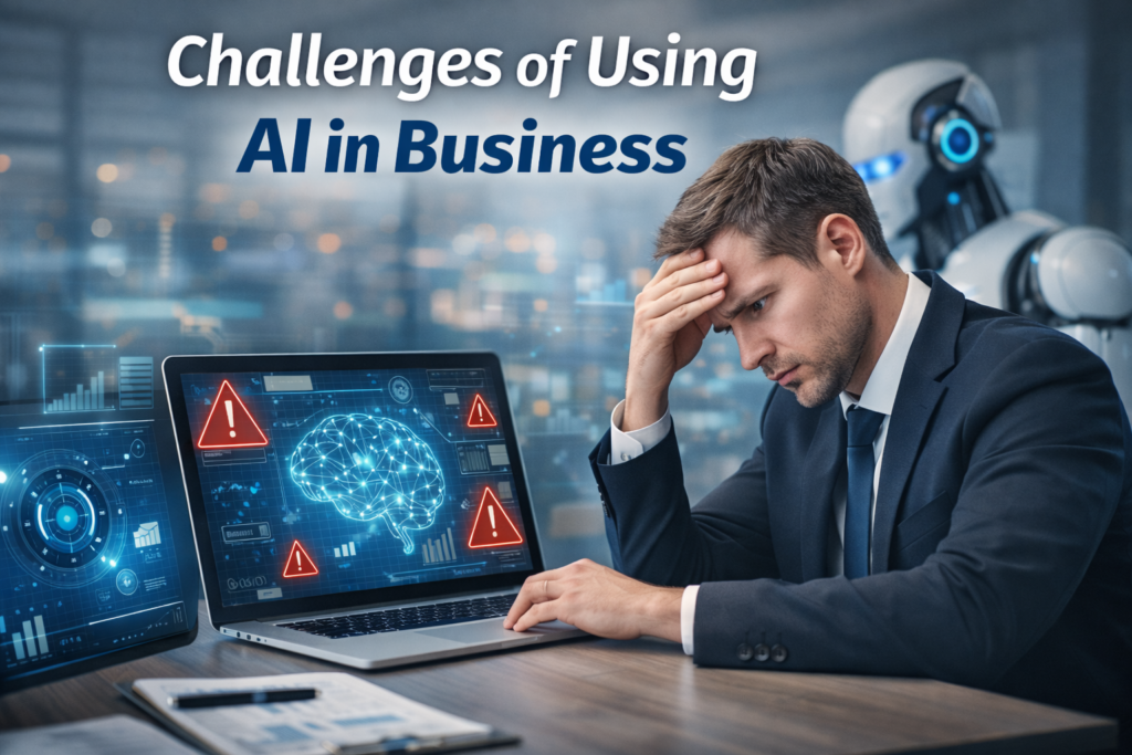 Challenges of using AI in business showing a business professional analyzing artificial intelligence data and facing technology implementation difficulties