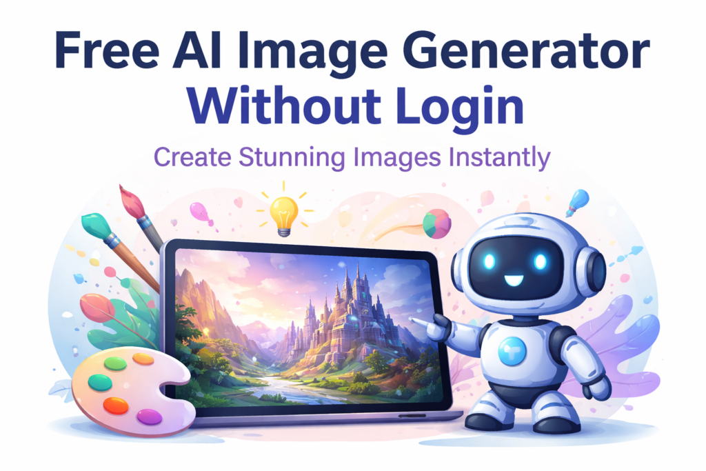Free AI image generator without login concept illustration showing AI robot creating digital artwork on tablet screen