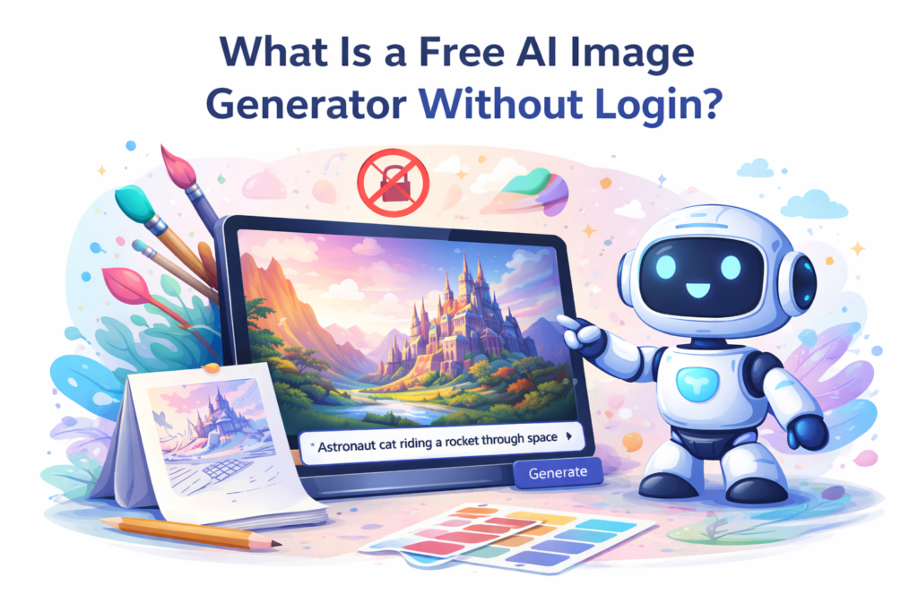 Free AI image generator without login illustration showing AI creating digital artwork instantly without registration