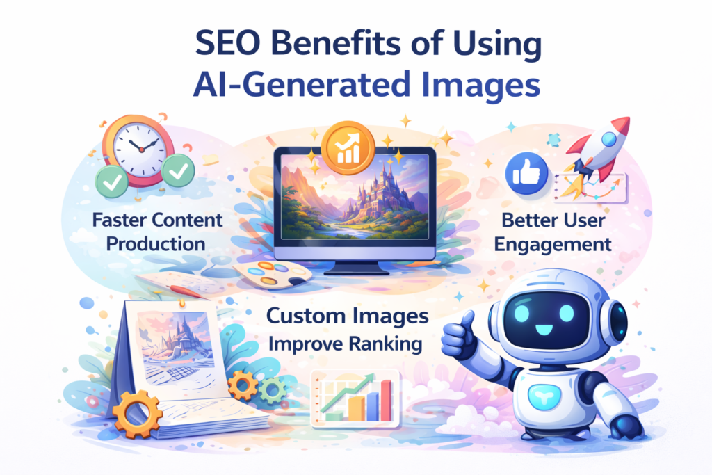SEO benefits of free AI image generator without login showing improved rankings, faster content creation, and better user engagement