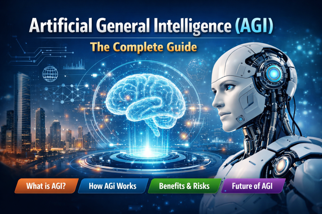 Artificial General Intelligence (AGI) concept showing a futuristic humanoid robot with a digital brain hologram and smart city background