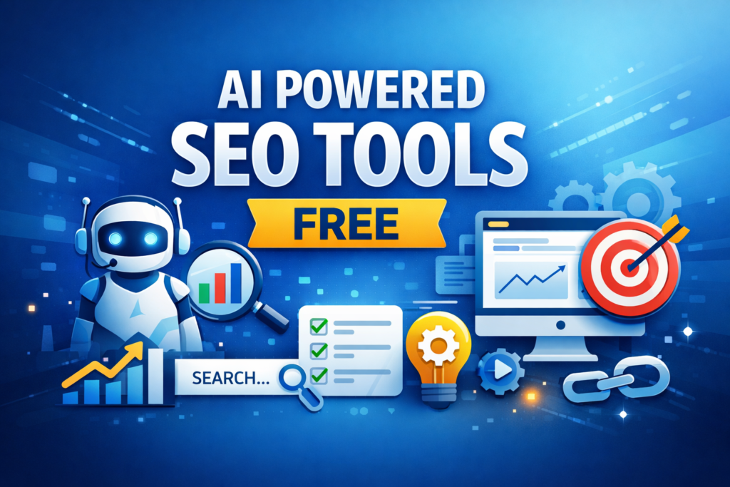 AI powered SEO tools free concept with AI robot analyzing website SEO data and search ranking improvements