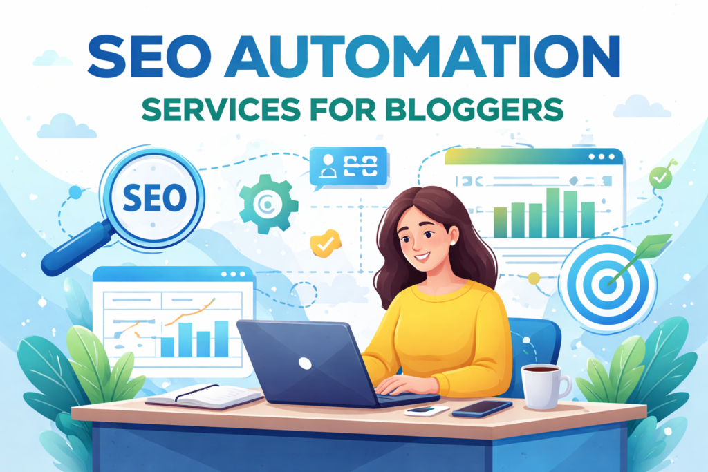 SEO Automation Services for Bloggers concept showing blogger using AI tools for automated SEO optimization and traffic growth