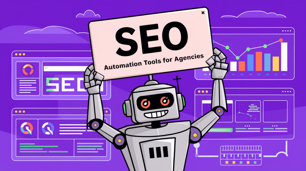 SEO Automation Services for Bloggers with AI robot using automation tools to improve search rankings and website analytics