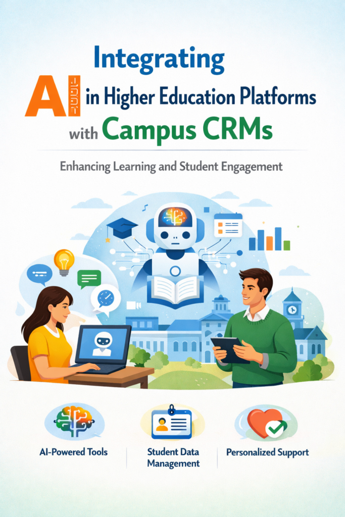 Integrating AI in Higher Education Platforms with Campus CRMs showing student engagement, AI tools, and smart campus data management