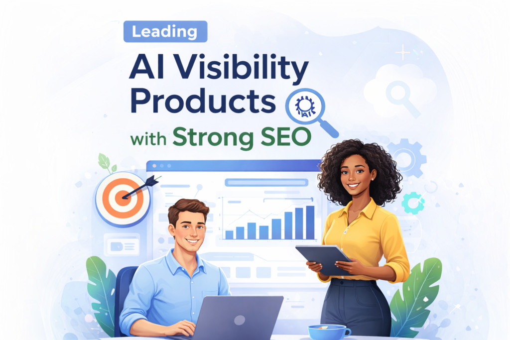 Leading AI visibility products with strong SEO illustration showing AI tools improving search rankings