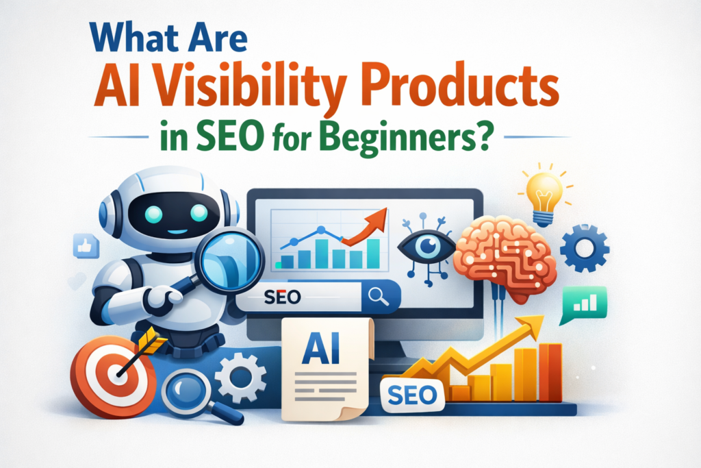 AI Visibility Products in SEO for Beginners concept with robot analyzing search data and SEO growth chart