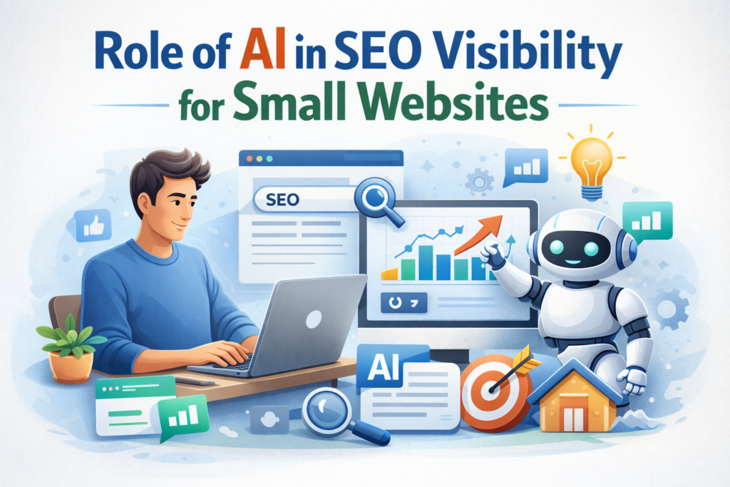 Role of AI in SEO Visibility for Small Websites showing AI robot assisting website owner with SEO growth and analytics