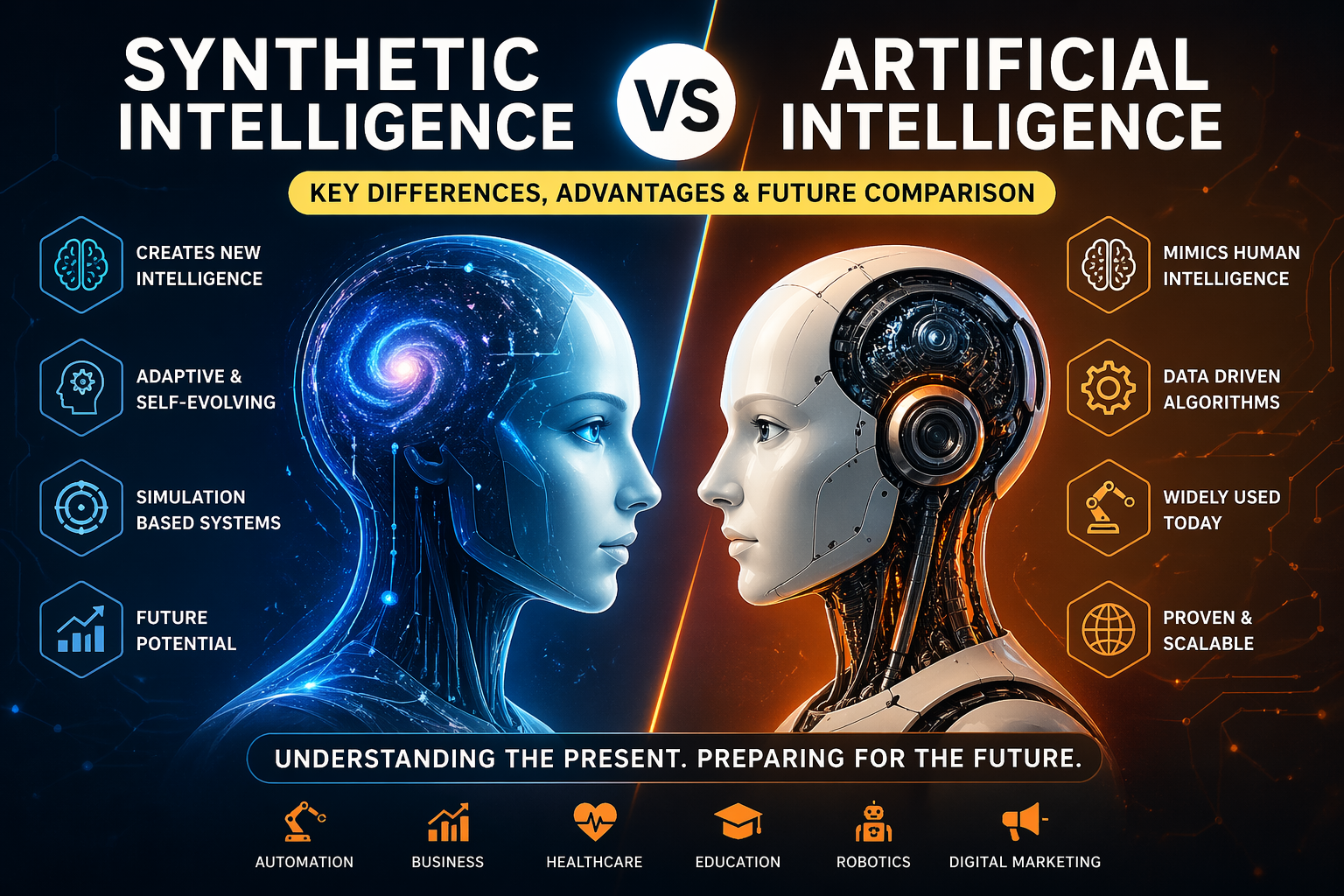 synthetic intelligence vs artificial intelligence comparison futuristic infographic showing key differences, advantages and future of AI and synthetic intelligence