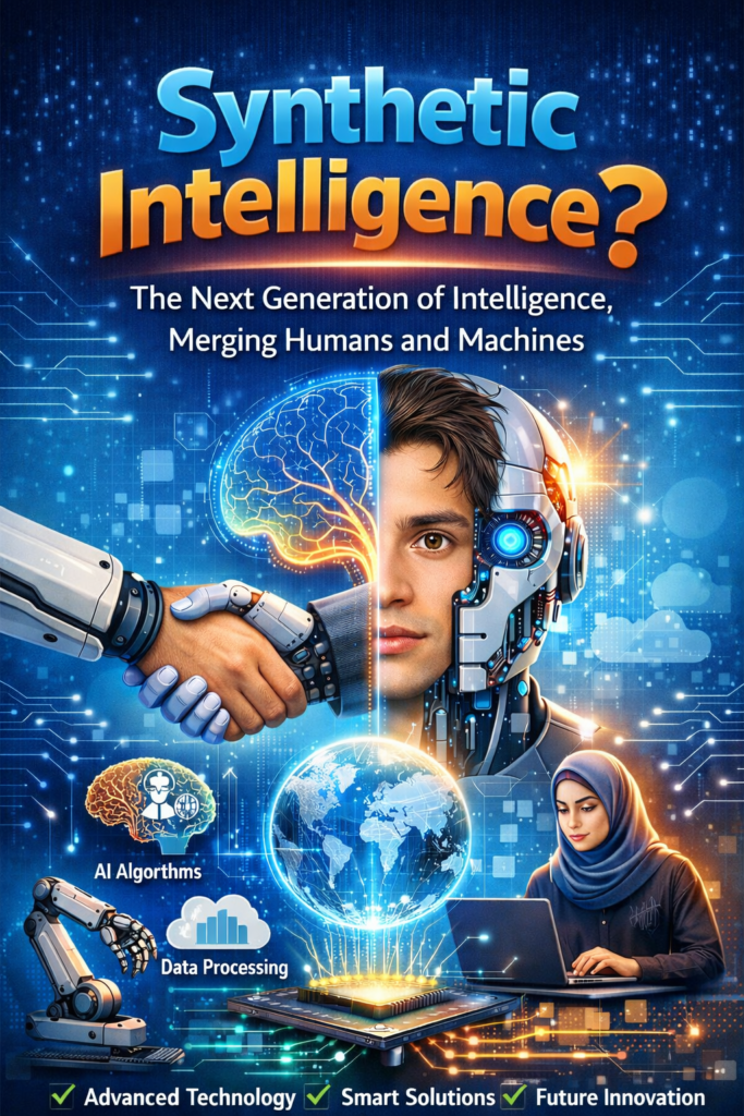Synthetic Intelligence vs Artificial Intelligence concept showing human and robot integration with AI technology and digital brain interface