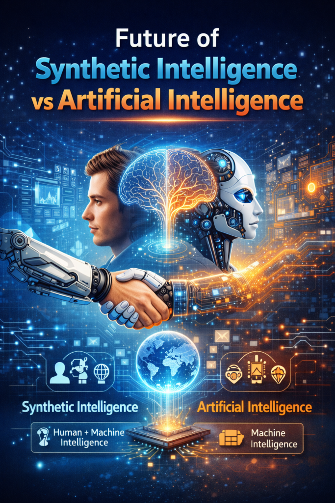 Future of Synthetic Intelligence vs Artificial Intelligence showing human and robot collaboration with advanced AI technology and digital brain concept