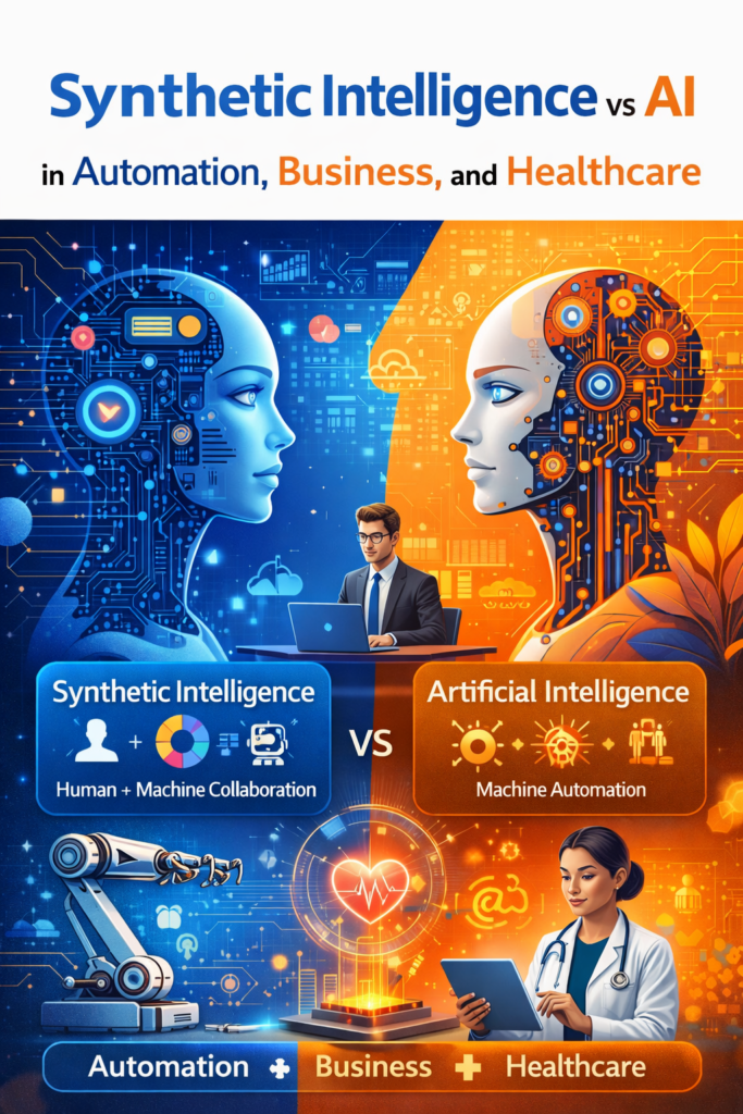 Synthetic Intelligence vs AI in Automation, Business, and Healthcare showing human-machine collaboration, robotic automation, and AI-driven healthcare systems