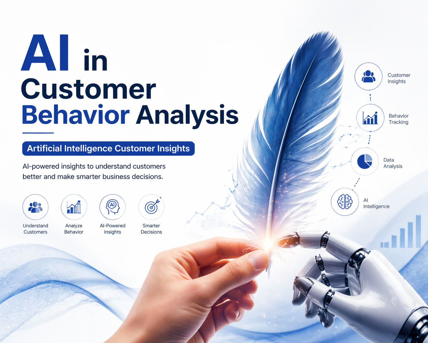 AI in Customer Behavior Analysis concept showing human and robotic hand holding feather with data insights and artificial intelligence elements