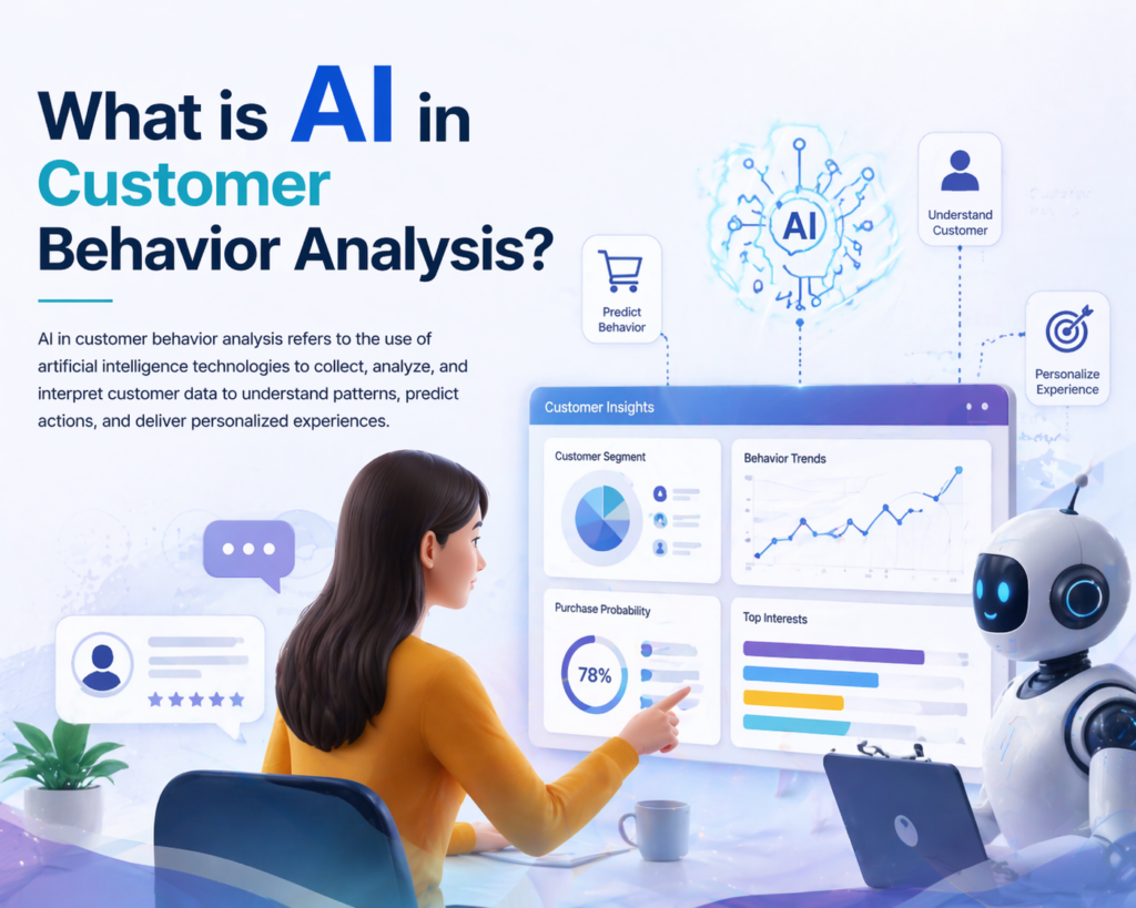 What is AI in Customer Behavior Analysis concept showing human and AI robot analyzing customer data dashboard with insights and behavior tracking