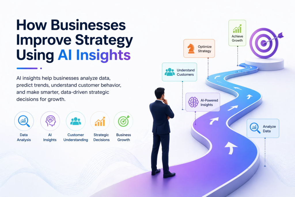 How Businesses Improve Strategy Using AI Insights concept showing business professional analyzing data-driven roadmap with AI insights and growth strategy elements