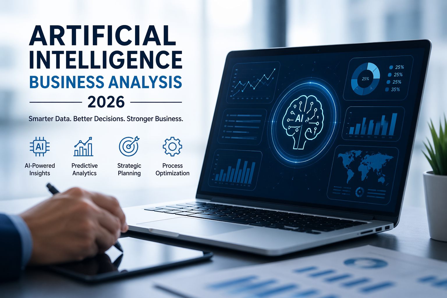 Artificial Intelligence Business Analysis 2026 dashboard showing AI data analytics and business insights