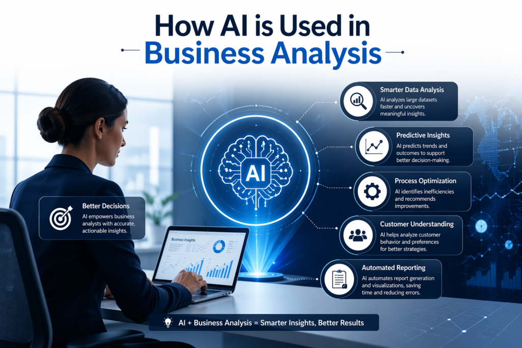 How AI is used in business analysis showing data insights, predictive analytics, and automated reporting dashboard
