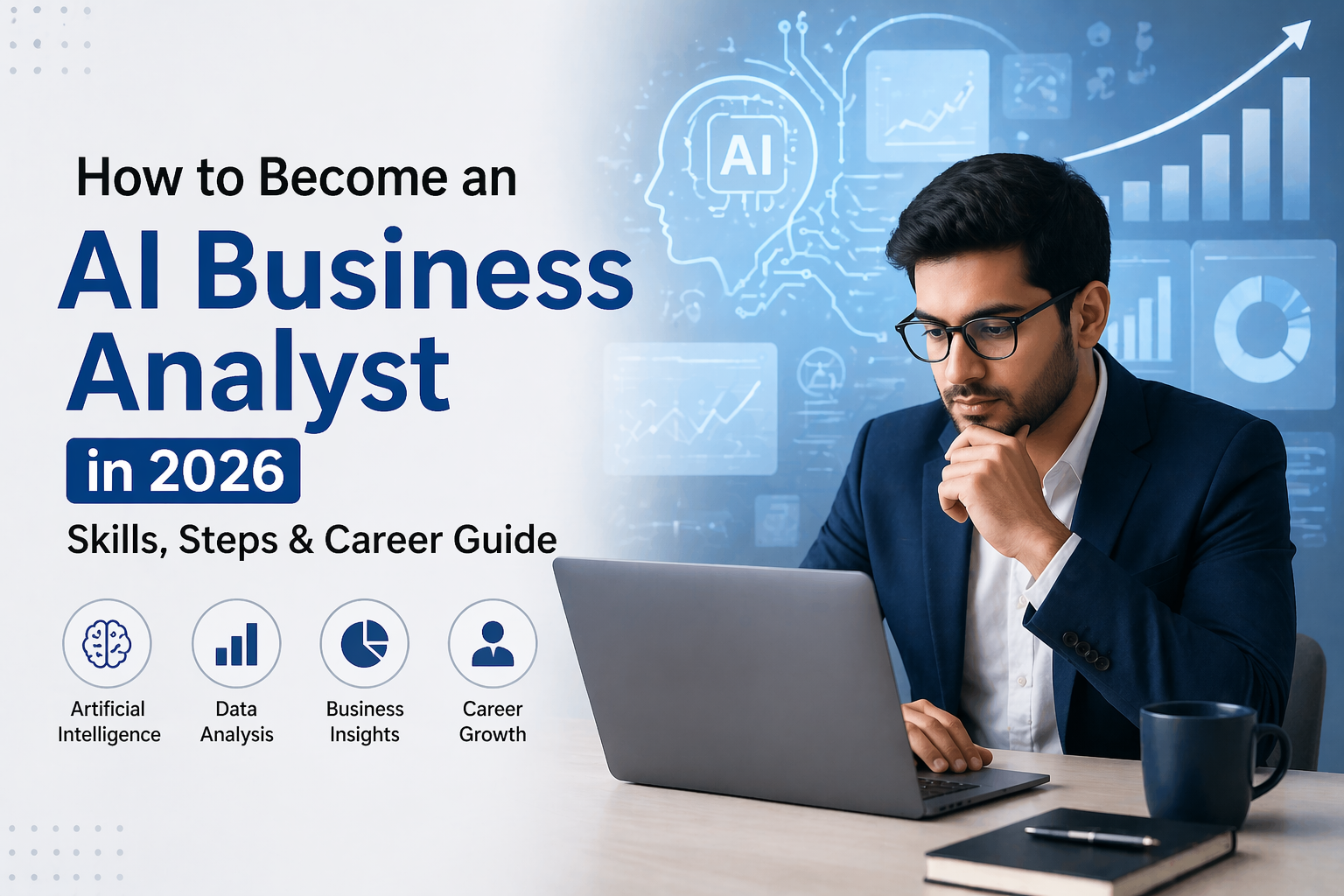 how to become an AI business analyst in 2026 showing artificial intelligence data analysis and career growth