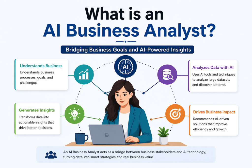 what is an AI business analyst showing artificial intelligence data analysis and business insights process