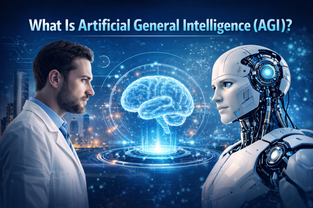 Artificial General Intelligence AGI concept showing human and robot interacting with digital brain technology