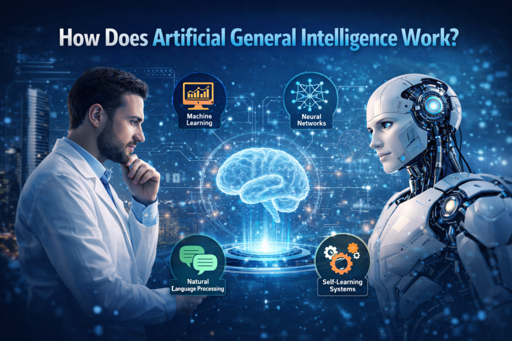 How Artificial General Intelligence works showing human and AI robot with machine learning neural networks and NLP systems